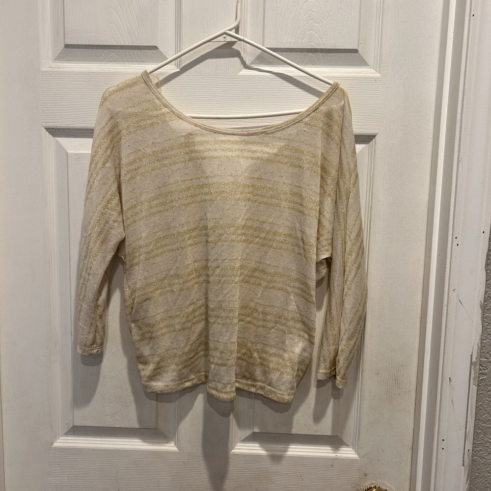 Tea N Rose Womens Gold Metallic Striped Ruched Back Top Cream Large Festival
